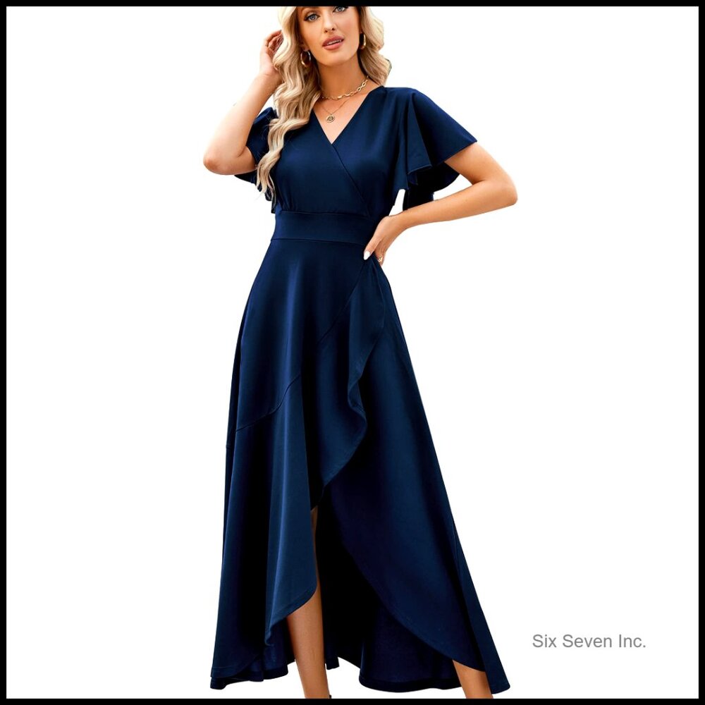 Elegant V-Neck Formal Dress With Ruffled Sleeves And Wrap Waist